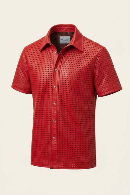Short Sleeve Cut-Out Leather Shirt - Red - Front