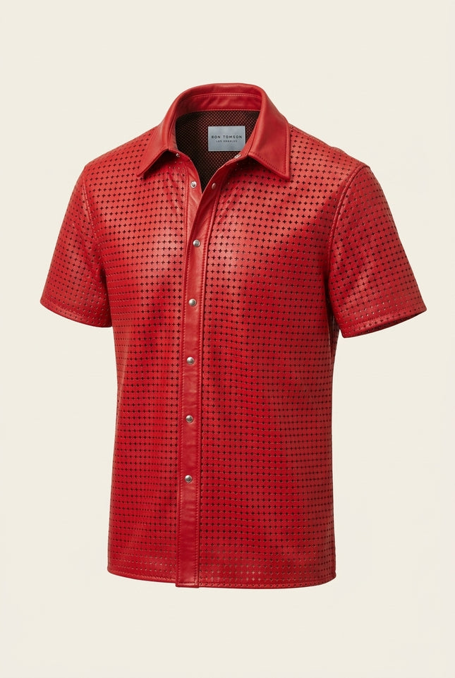 Short Sleeve Cut-Out Leather Shirt - Red - Front