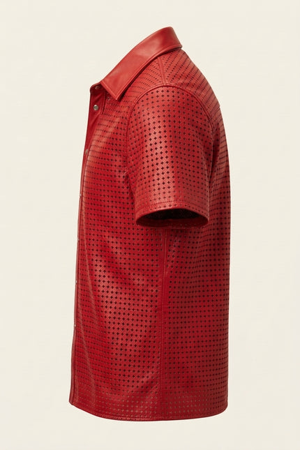 Short Sleeve Cut-Out Leather Shirt - Red - Side