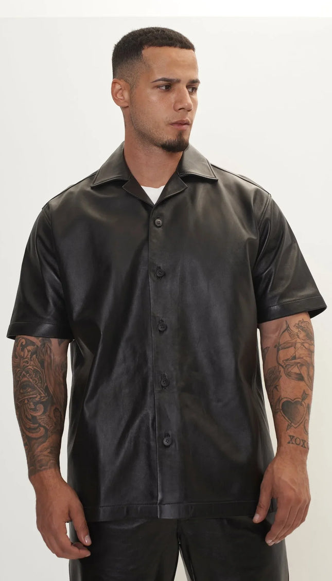 Short Sleeve Leather Shirt Jacket Black Ron Tomson