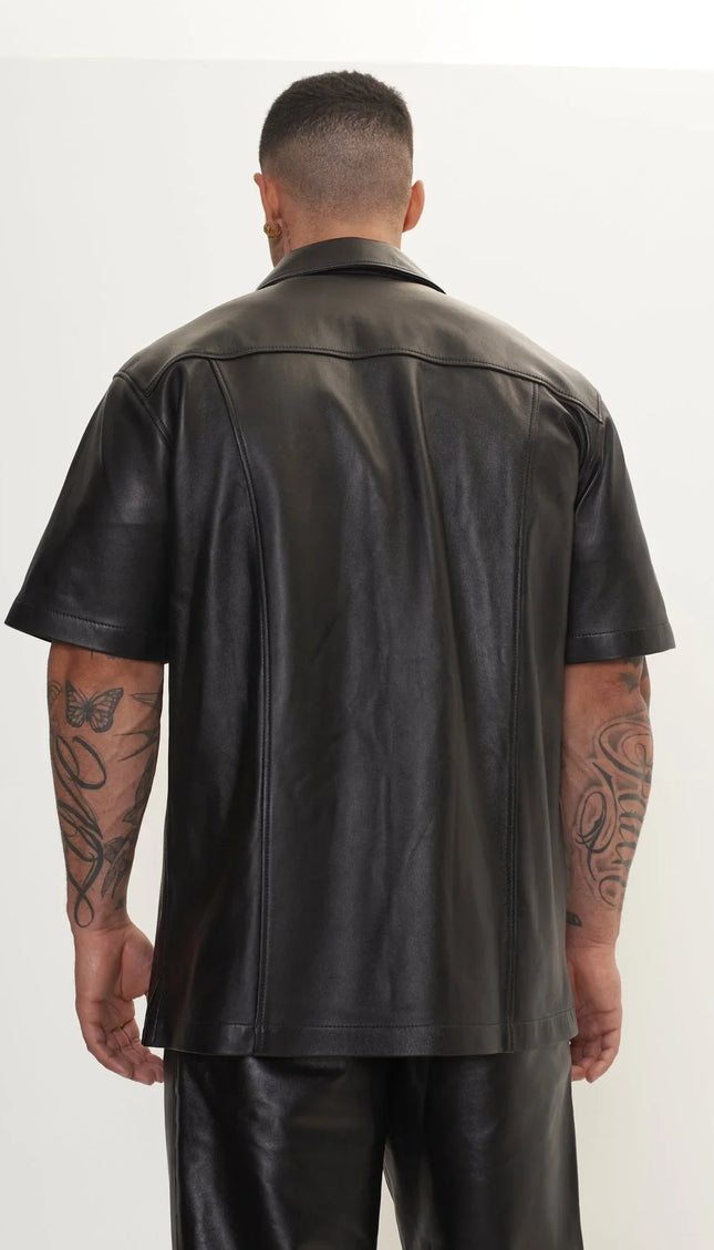 Short Sleeve Leather Shirt Jacket Black - Main Image
