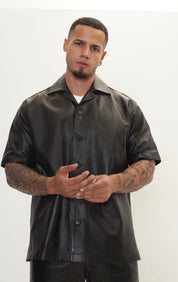 Short Sleeve Leather Shirt Jacket - Black - Ron Tomson