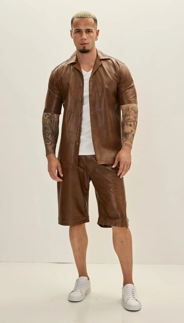 Short Sleeve Leather Shirt Jacket - Brown - Ron Tomson
