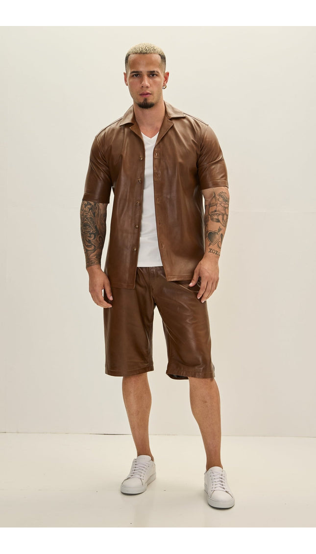 Short Sleeve Leather Shirt Jacket - Brown - Ron Tomson