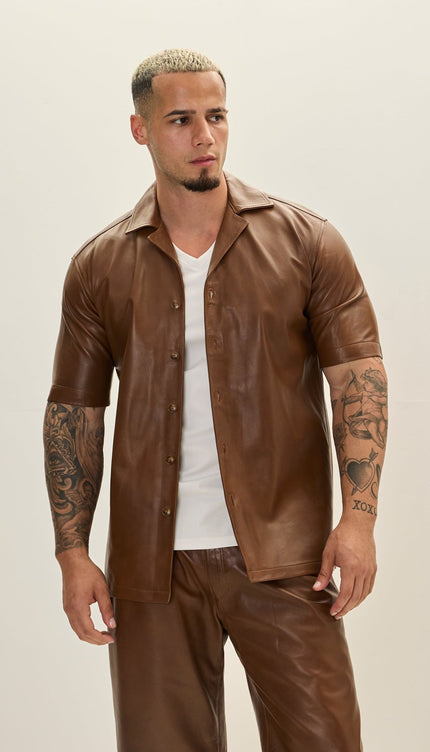 Short Sleeve Leather Shirt Jacket - Brown - Ron Tomson