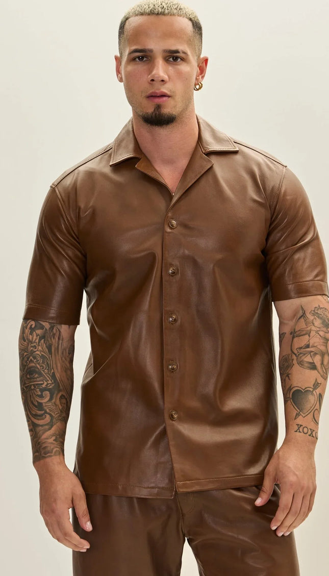 Short Sleeve Leather Shirt Jacket - Brown - Ron Tomson