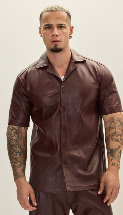 Short Sleeve Leather Shirt Jacket - Burgundy - Ron Tomson
