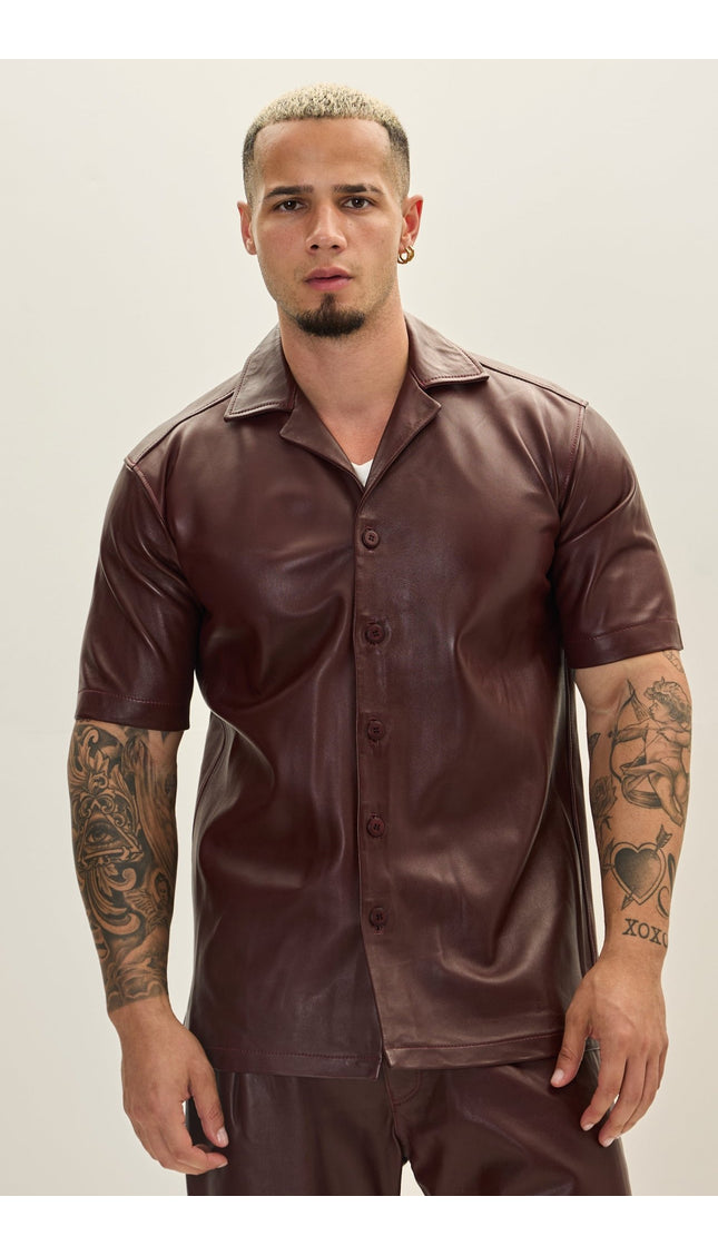 Short Sleeve Leather Shirt Jacket - Burgundy - Ron Tomson