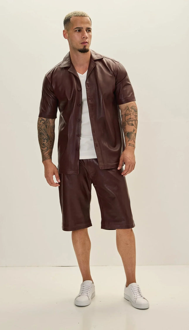 Short Sleeve Leather Shirt Jacket - Burgundy - Ron Tomson