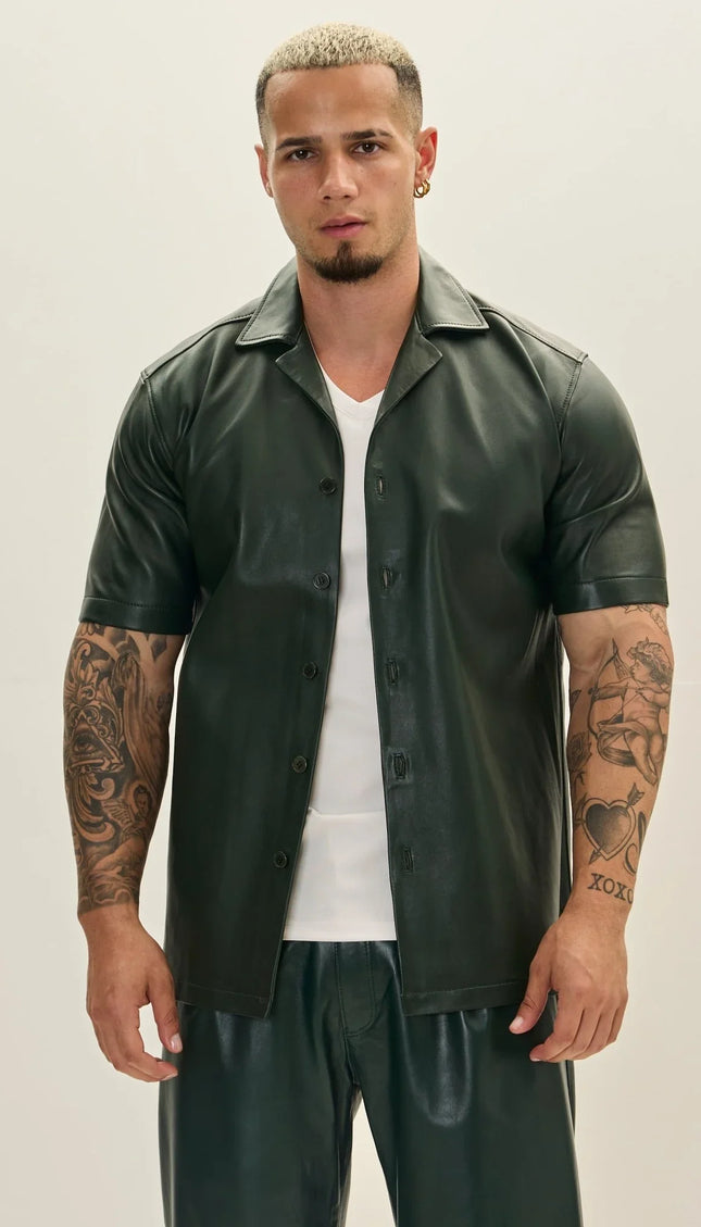 Short Sleeve Leather Shirt Jacket - Green - Ron Tomson