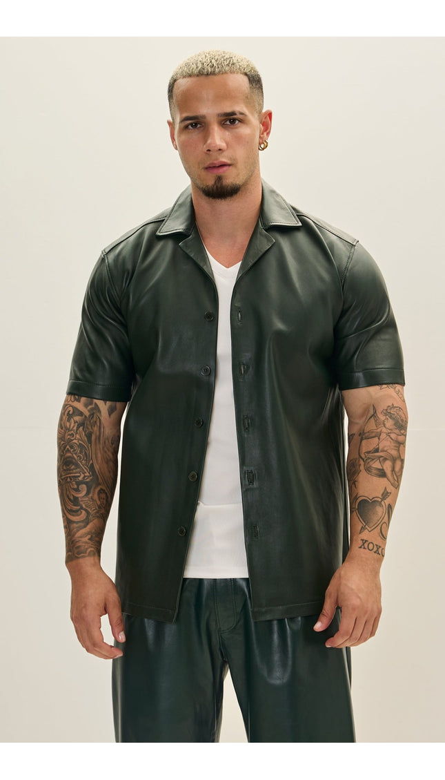 Short Sleeve Leather Shirt Jacket - Green - Ron Tomson