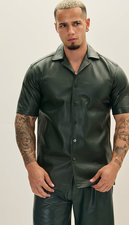 Short Sleeve Leather Shirt Jacket - Green - Ron Tomson