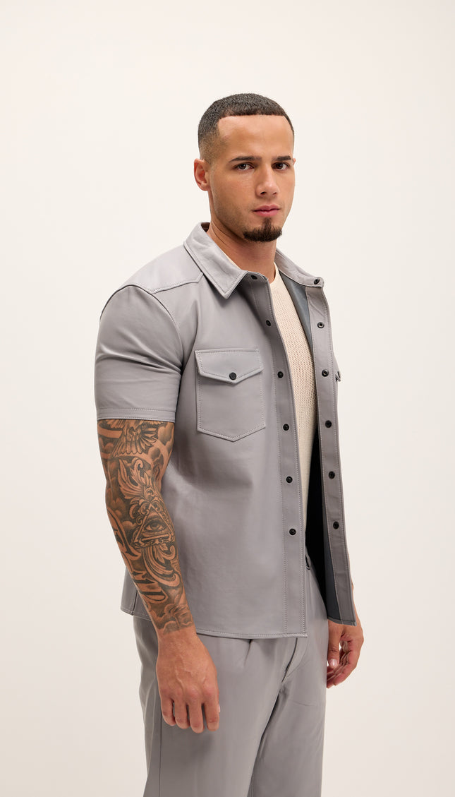 Short Sleeve Leather Shirt Jacket - Grey - Ron Tomson