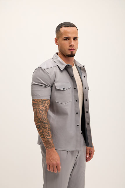 Men's Short Sleeve Leather Shirt Jacket - Grey - Ron Tomson