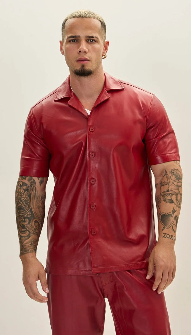Short Sleeve Leather Shirt Jacket - Red - Ron Tomson