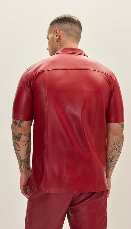 Short Sleeve Leather Shirt Jacket - Red - Ron Tomson