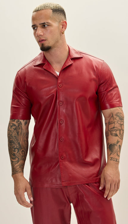 Short Sleeve Leather Shirt Jacket - Red - Ron Tomson
