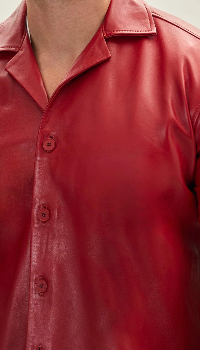 Short Sleeve Leather Shirt Jacket - Red - Ron Tomson