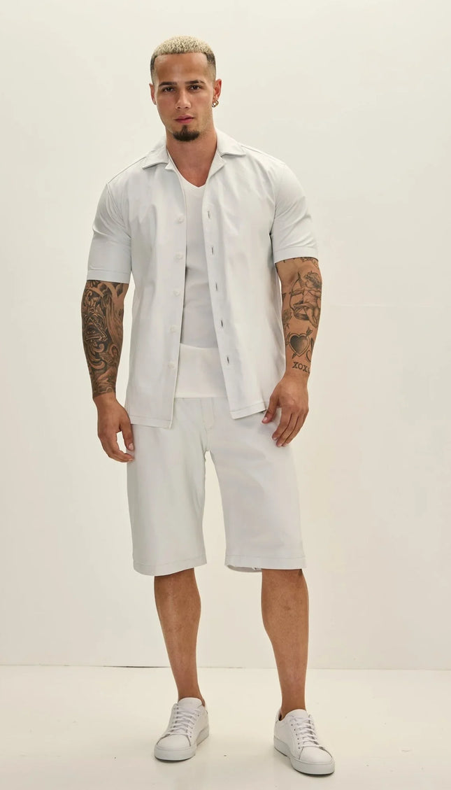 Short Sleeve Leather Shirt Jacket - White - Ron Tomson