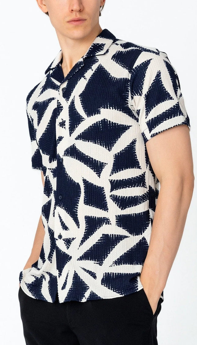 Short Sleeve Shirt - Beige Navy - Ron Tomson