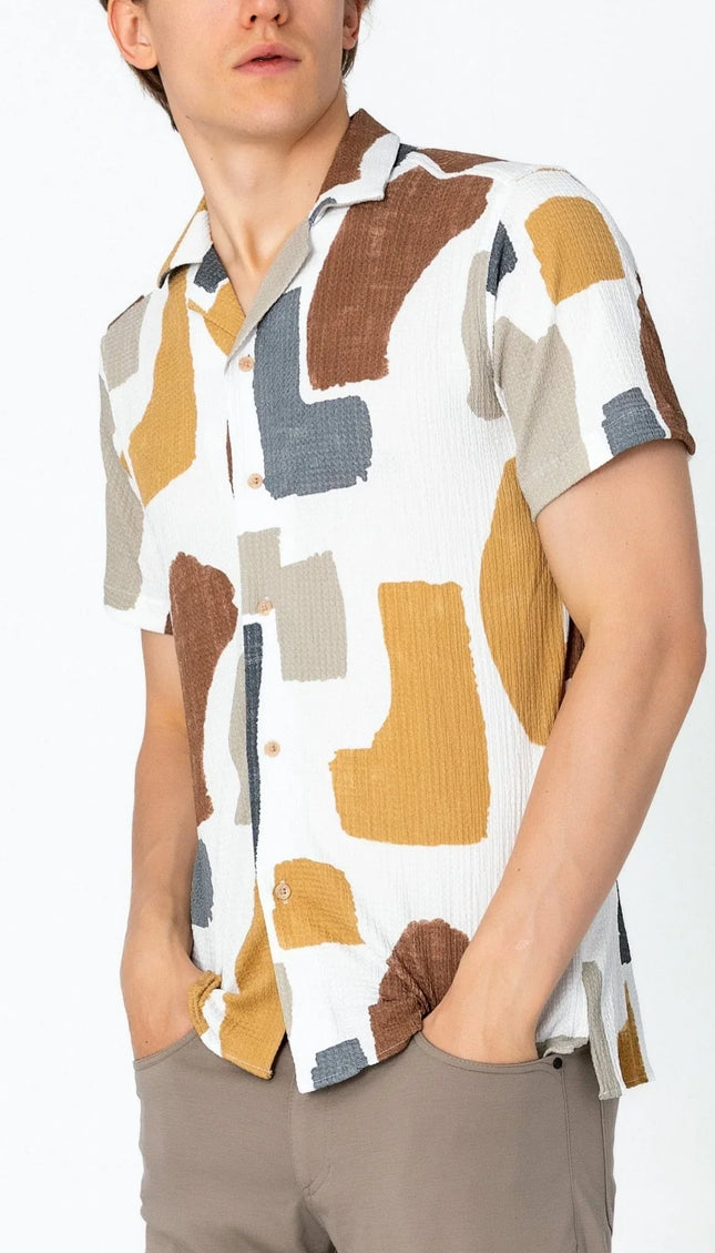 Short Sleeve Shirt - White Brown - Ron Tomson