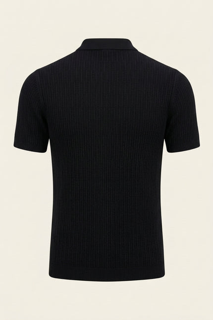 Short Sleeve Textured Polo Shirt - Black - Back