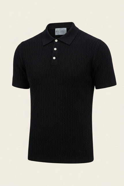 Short Sleeve Textured Polo Shirt - Black - Front (Alt)