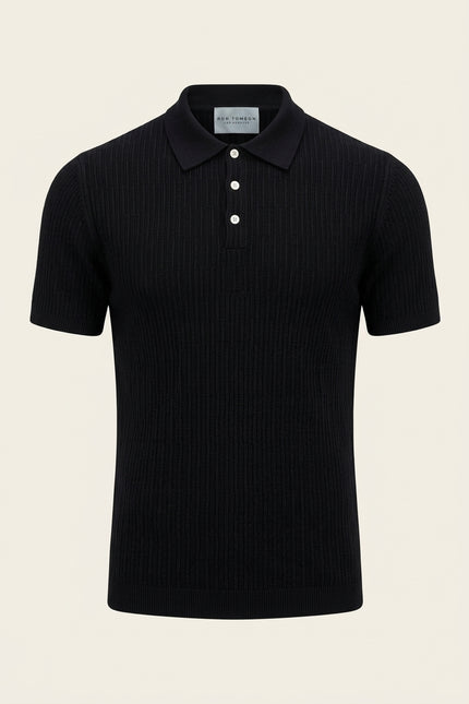Short Sleeve Textured Polo Shirt - Black - Front