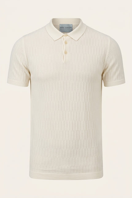 Short Sleeve Textured Polo Shirt - Ecru - Front