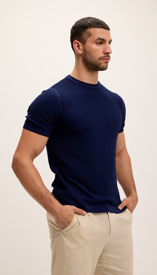 Short Sleeve Textured Top - Navy - Ron Tomson