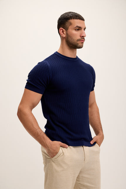 Short Sleeve Textured Top - Navy - Ron Tomson