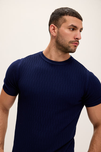 Short Sleeve Textured Top - Navy - Ron Tomson