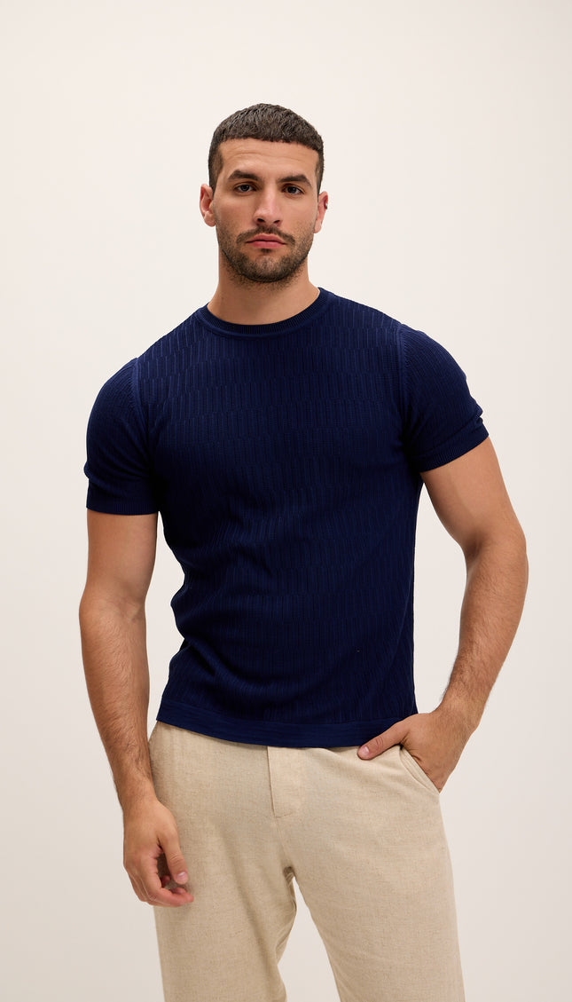 Short Sleeve Textured Top - Navy - Ron Tomson