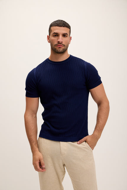 Short Sleeve Textured Top - Navy - Ron Tomson