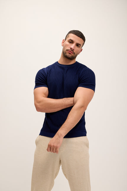 Short Sleeve Textured Top - Navy - Ron Tomson