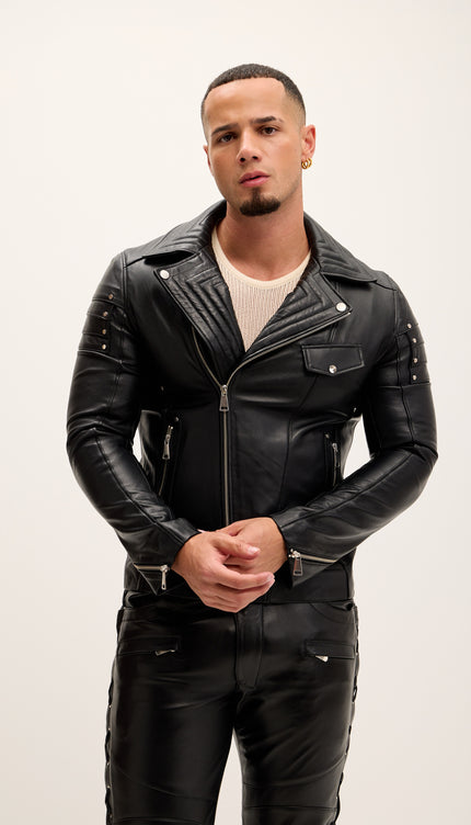 Shoulder Detail Leather Moto Jacket - Black - Ron Tomson