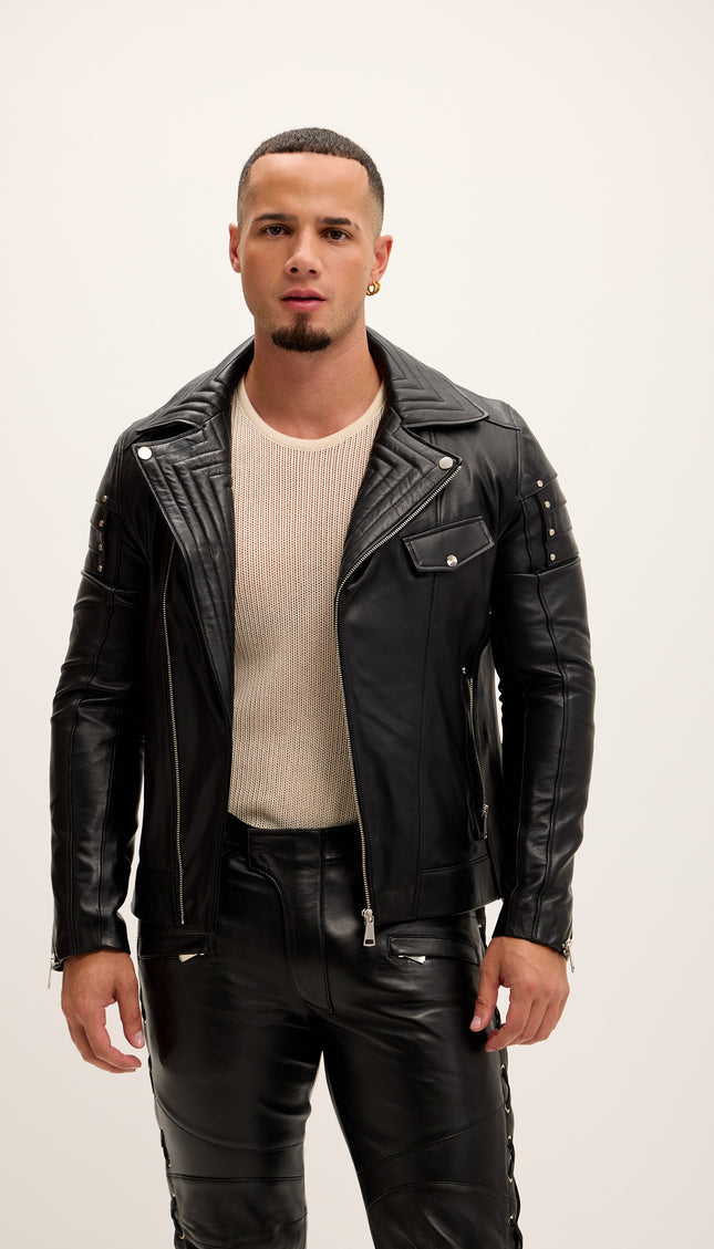 Shoulder Detail Leather Moto Jacket - Black - Ron Tomson
