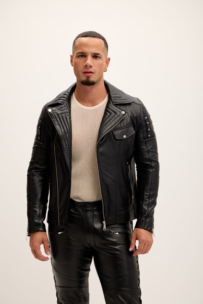 Men's Shoulder Detail Leather Moto Jacket - Black - Ron Tomson Leather