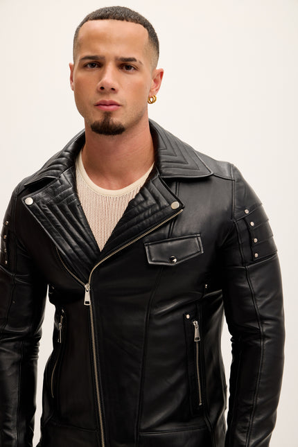 Men's Shoulder Detail Leather Moto Jacket - Black - Ron Tomson Leather