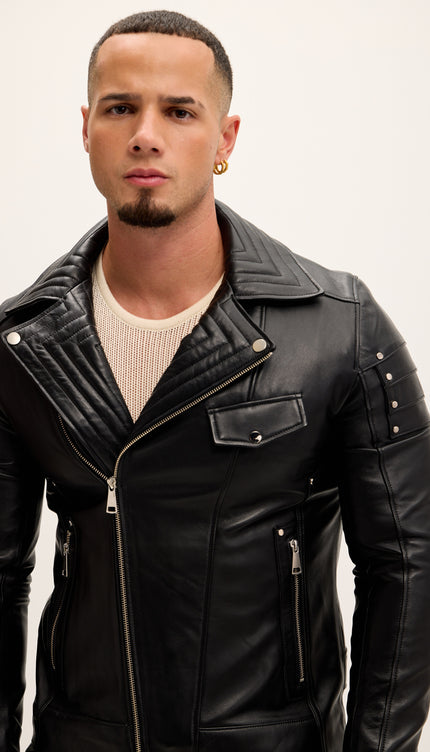 Shoulder Detail Leather Moto Jacket - Black - Ron Tomson