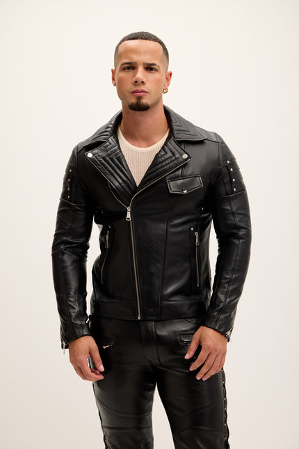 Men's Shoulder Detail Leather Moto Jacket - Black - Ron Tomson Leather