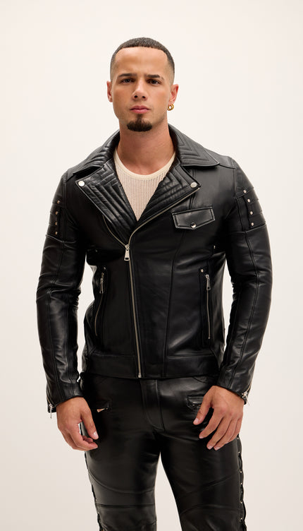 Shoulder Detail Leather Moto Jacket - Black - Ron Tomson