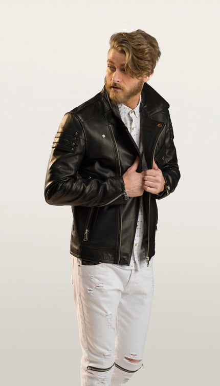 Shoulder Detail Leather Moto Jacket - Black - Ron Tomson