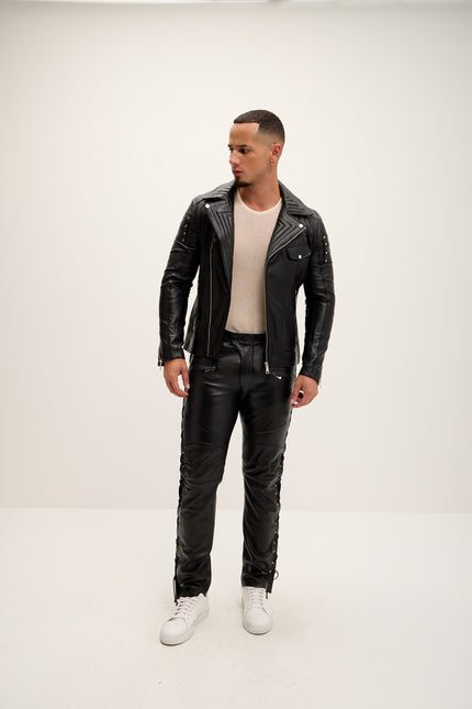 Men's Shoulder Detail Leather Moto Jacket - Black - Ron Tomson Leather