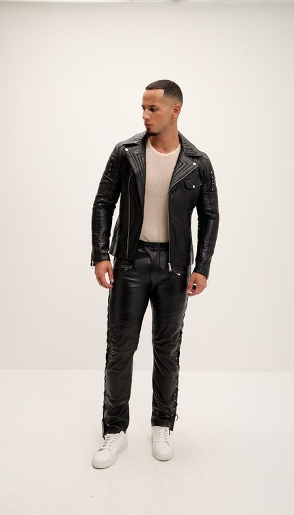 Shoulder Detail Leather Moto Jacket - Black - Ron Tomson