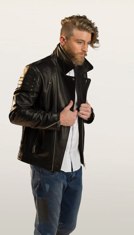 Shoulder Detail Leather Moto Jacket - Black - Ron Tomson