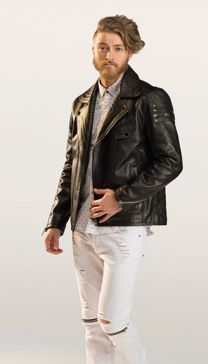 Shoulder Detail Leather Moto Jacket - Black - Ron Tomson