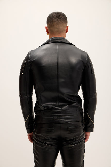 Men's Shoulder Detail Leather Moto Jacket - Black - Ron Tomson Leather
