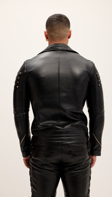 Shoulder Detail Leather Moto Jacket - Black - Ron Tomson