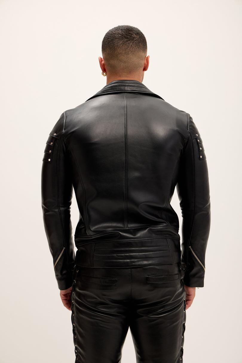 Men's Shoulder Detail Leather Moto Jacket - Black - Ron Tomson Leather